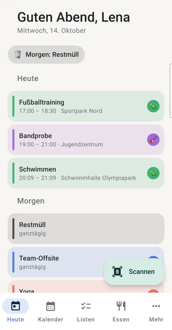 Famivo-App: Heute-Ansicht mit Terminen und Müll-Erinnerung